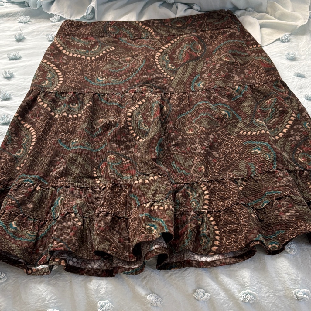 Loft Brown Paisley Ruffle Tiered Skirt With Teal Accents